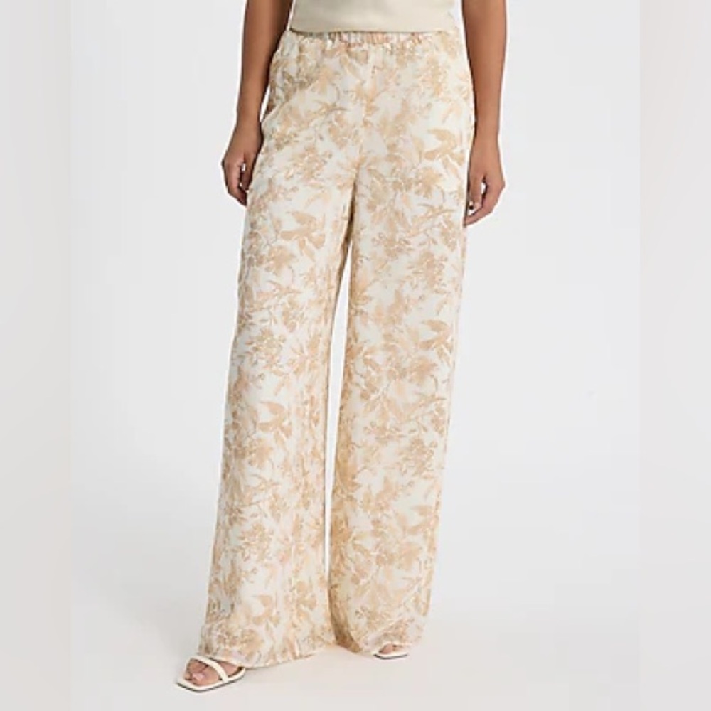 Express Cream and Tan Floral Printed Super High Rise Wide Leg Pants with Pockets